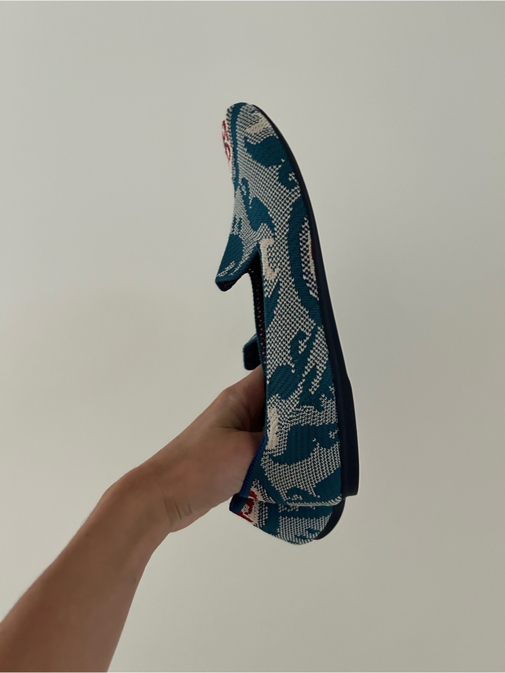 Rothy's Teal and White Patterned Slip-On Flats with Red Medallion - Picture 3 of 5